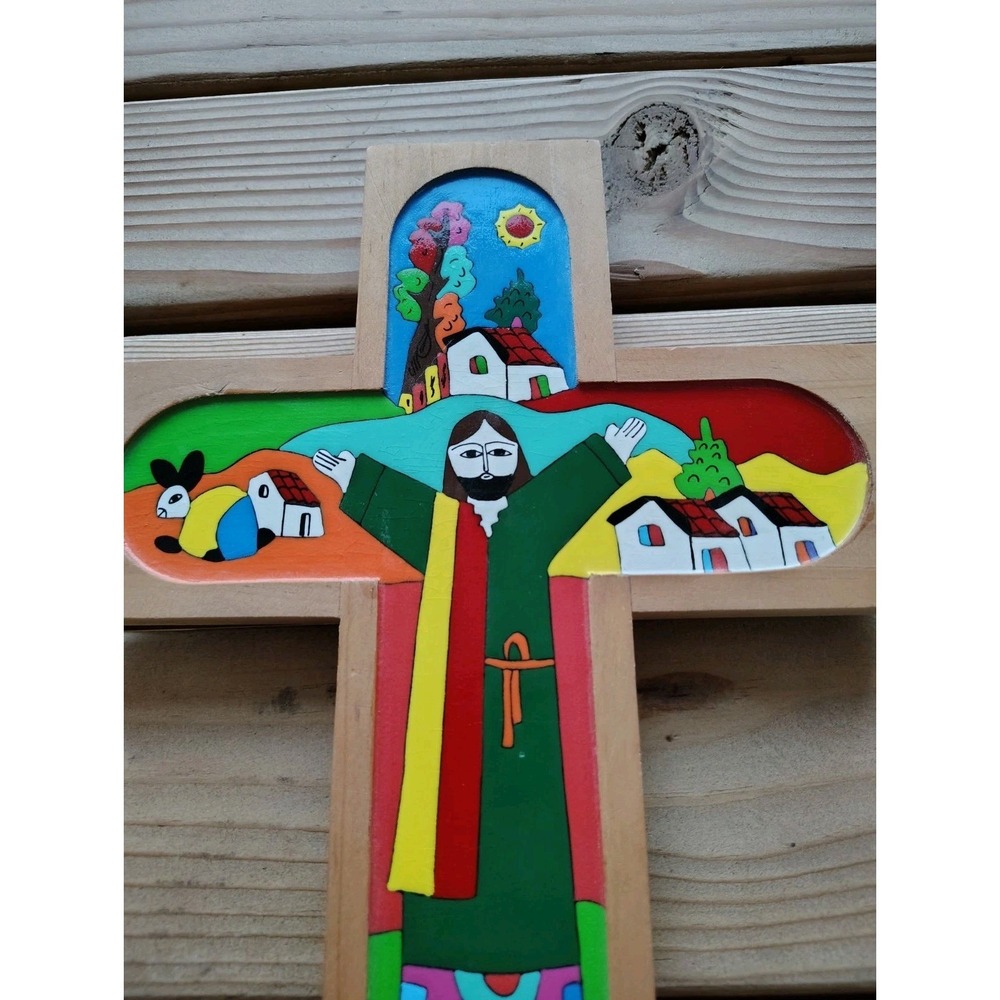 El Salvador Vintage Folk Art Jesus on Cross Hand Painted Wood Religious &Other‎ - Picture 13 of 16